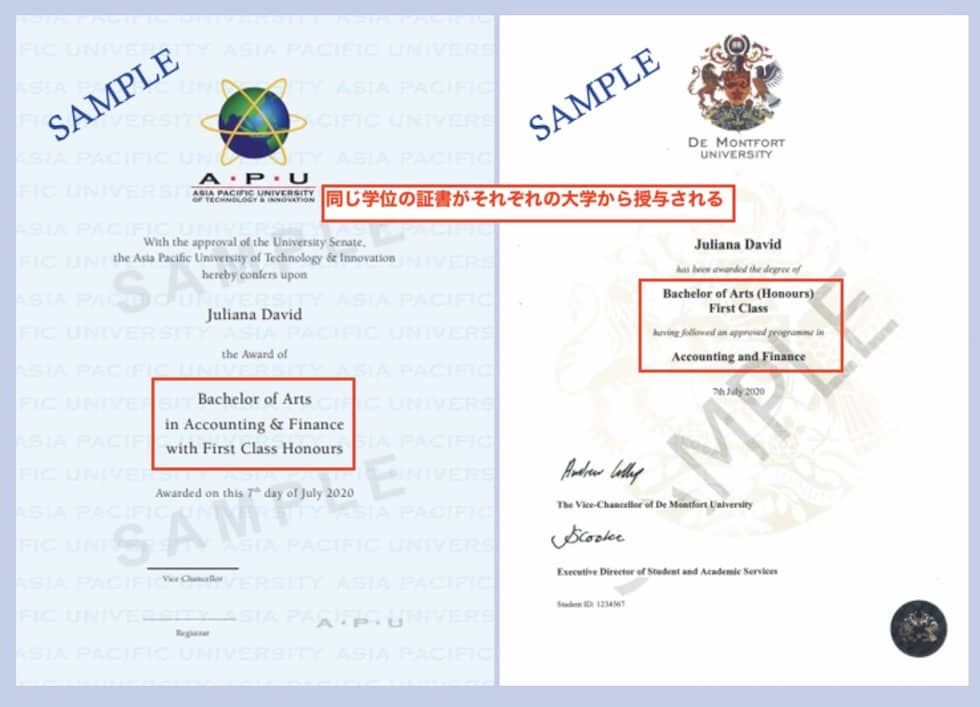 APUとDMUのデュアルディグリーコースで与えられる学位の証書（学位記）の例