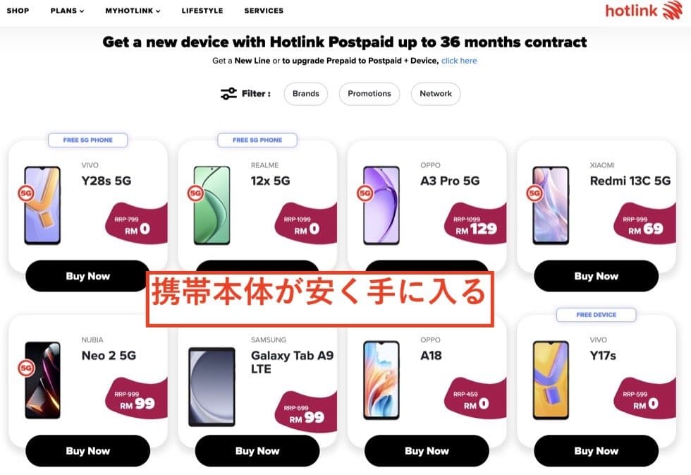 Hotlinkのポストペイドプランで手に入る機種の例