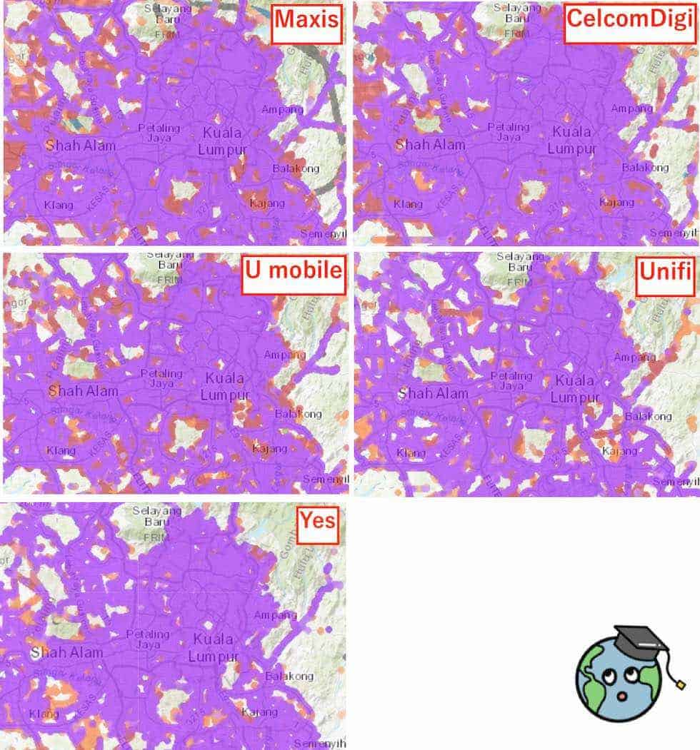 各キャリアのクアラルンプール周辺の通信エリア