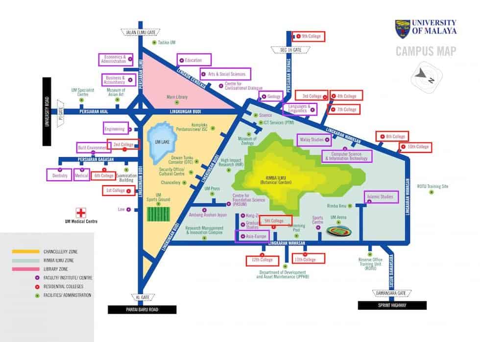 マラヤ大学の寮と学部の地図